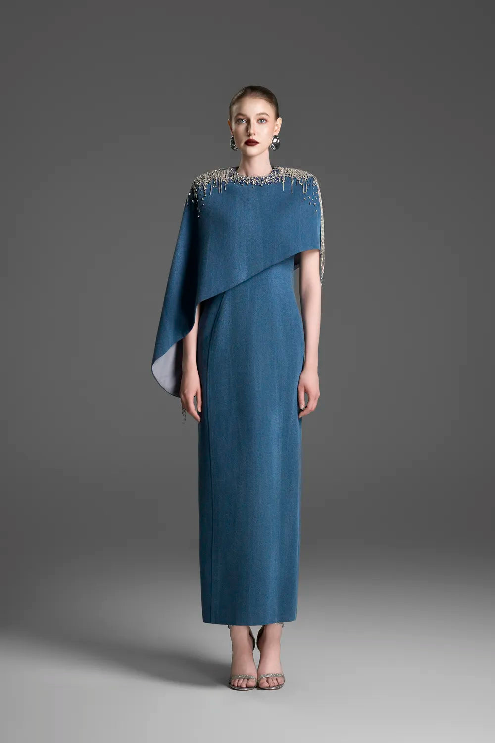 Diagonal Cape With Sided Stone Chains Straight Dress Set